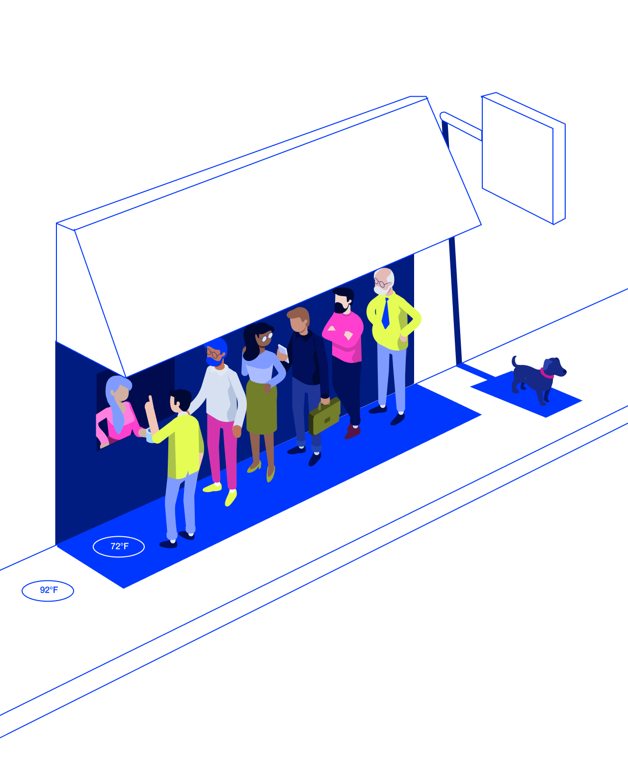 An illustration of a bunch of people under an awning ordering food. Showing that under the awning feels like 72 degrees while outside of it feels like 92 degrees.