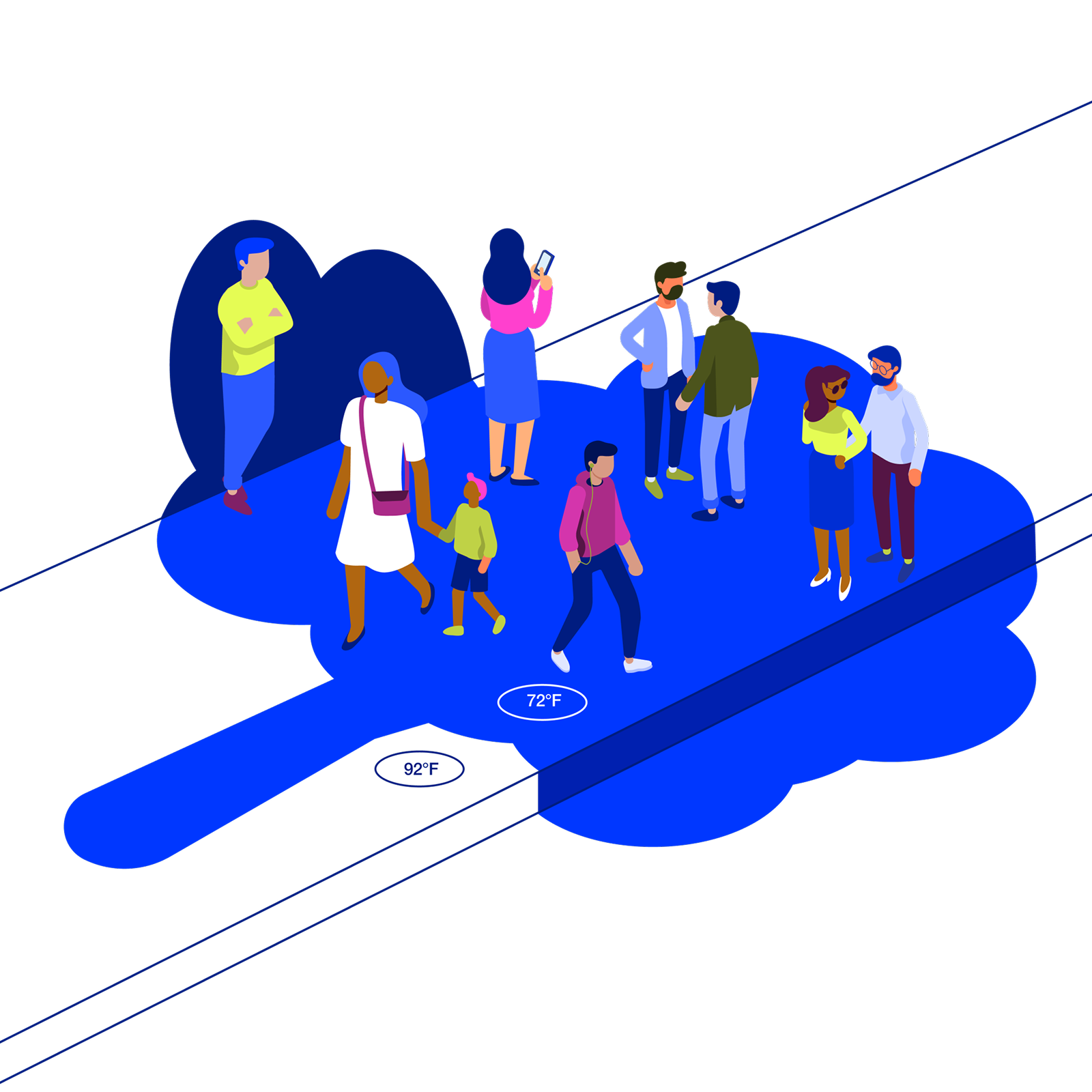 Illustration of people stand beneath a tree; circles mark hotter temperatures outside the shade.