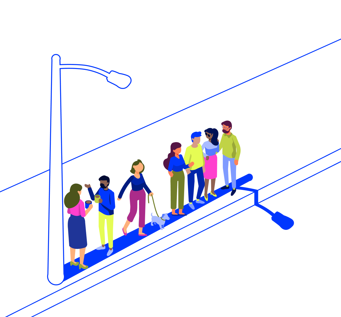 An illustration of people standing in the shade of a lamppost.