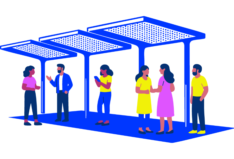 Image of people standing under a blue shade structure